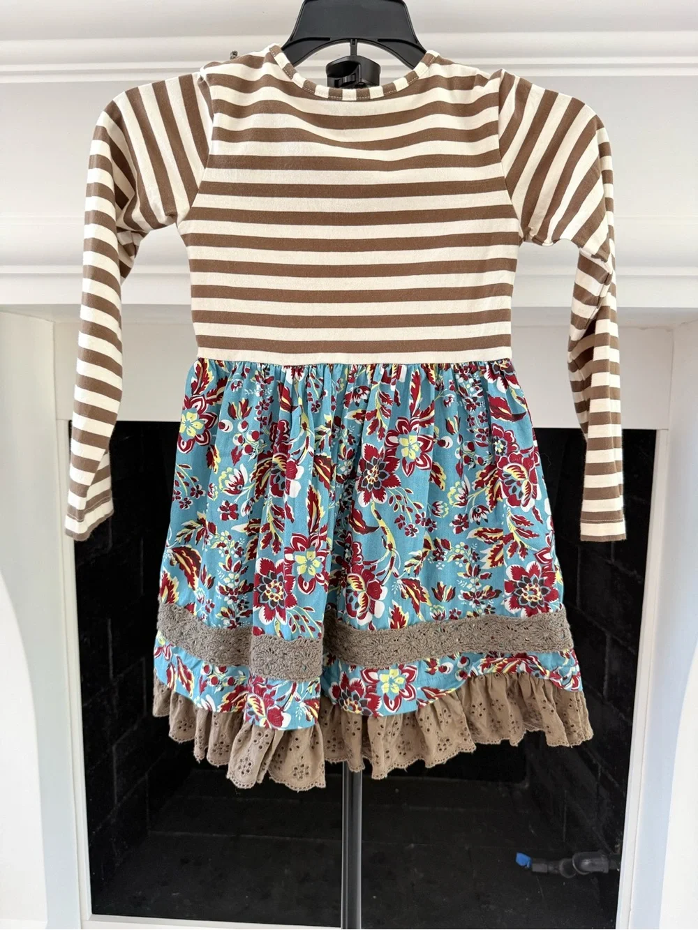 Mustard Pie Brown Stripe and Blue Floral Patchwork Dress-Girls 6